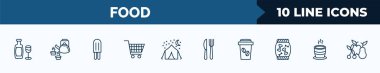 set of 10 food web icons in outline style. thin line icons such as wine glass and bottle, japanese tea pot, ice lolly, cart graphic, night camping, knife and fork, coffe cup, tea cup of japan vector