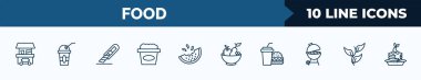 set of 10 food web icons in outline style. thin line icons such as popcorn shop, plastic drinking cup, paper knife, canjica, melon slice, fruit salad, hamburguer & drink, herb vector illustration.