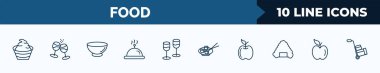 set of 10 food web icons in outline style. thin line icons such as mayonnaise, glasses of wine, empty bowl, hotel service, stemware, sushi dish, with leaf, fruit vector illustration.