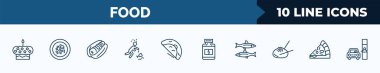set of 10 food web icons in outline style. thin line icons such as cake with one candle, shuizhu, hot dog with mustard, alcoholic, oyster omelette, protein container, sardines, pizza slice cut
