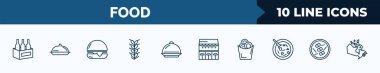 set of 10 food web icons in outline style. thin line icons such as wine bottles in a box, salver, hamburger with bacoon, ear of wheat, covered food tray, cafe bar, onion rings,   vector