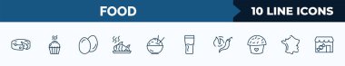 set of 10 food web icons in outline style. thin line icons such as cheese wedge, muffin bake, two eggs, cooked fish, rice bowl, pint, hot pepper, french vector illustration.