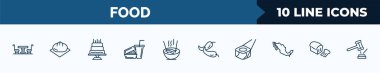 set of 10 food web icons in outline style. thin line icons such as bistro, wonton, five birthday cake, hamburger and drink, noodle soup, chili pepper, maki, loaf of bread vector illustration.