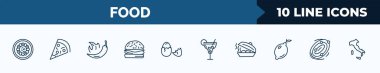 set of 10 food web icons in outline style. thin line icons such as fuqi feipian, triangular pizza slice, hot chilli pepper, burguer, eggs sillhouettes, cocktail on a glass, foods, milky vector