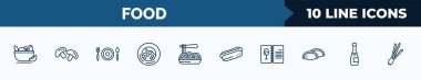 set of 10 food web icons in outline style. thin line icons such as vitamins, mushrooms, eatery, wonton noodles, pasta, hotdog and bread, drinks menu, champagne bottle vector illustration.