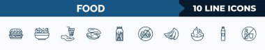 set of 10 food web icons in outline style. thin line icons such as double burger, bowl with vegetables, drinking, mussel, spaguetti, forbidden burguer, bananas, plastic water bottle vector