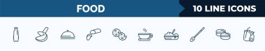 set of 10 food web icons in outline style. thin line icons such as water container, fortune cookie, serving dish, marzipan, biscuits, coffee cup with steam, dandan noodles, arons vector