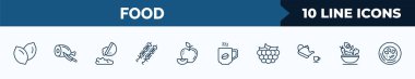 set of 10 food web icons in outline style. thin line icons such as slot, butcher, fallen, brochette, leaf, hot coffee cup, raspberry leaf, healthy nutrition vector illustration.