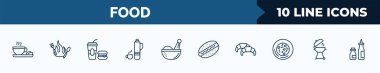 set of 10 food web icons in outline style. thin line icons such as warm cup and plate, calories, junk food, thermo flask, spices, hotdog, croissant, grill vector illustration.