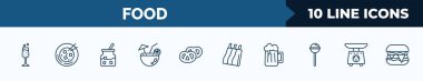 set of 10 food web icons in outline style. thin line icons such as sparkling wine, mapo tofu, sugar container, tropical drink, pretzel, ribs, beers, scale balanced tool vector illustration.