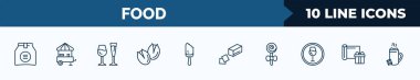 set of 10 food web icons in outline style. thin line icons such as pack, snack booth, alcoholic drinks, pistachio, bitten ice cream, butter, jawbreaker, wrapping vector illustration.