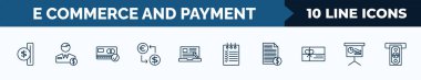 set of 10 e commerce and payment web icons in outline style. thin line icons such as insert coin, broker, card payment, exchange rate, online order, shopping list, bills, financial presentation