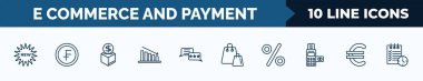 set of 10 e commerce and payment web icons in outline style. thin line icons such as new, swiss franc, moneybox, decrease, customer review, merchandise, percent, euro vector illustration.