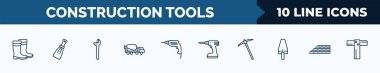 set of 10 construction tools web icons in outline style. thin line icons such as rubber boots, scratcher tool, plumbing, concrete mixer, hand drill, cordless drill, pick axe, brick wall vector