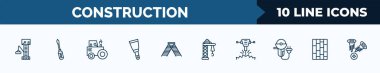 set of 10 construction web icons in outline style. thin line icons such as big derrick with boxes, screwdrivers, steamroller, scraper, double ladder, derrick facing right, hydraulic breaker, paver
