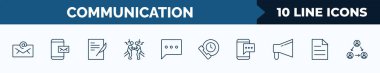set of 10 communication web icons in outline style. thin line icons such as emails, mobile receiving email, writing letter, quarrel, chat bubble, time call, mobile chat, pager vector illustration.