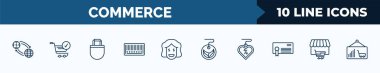 set of 10 commerce web icons in outline style. thin line icons such as trading, checkered, tote bag, barscode with zeros, rich smile, eco label, sale love, shopping store vector illustration.
