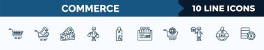 set of 10 commerce web icons in outline style. thin line icons such as supermarket cart, tools cart, american dollar, shopper with bags, eco tag, grocery store, online store cart, sale label vector