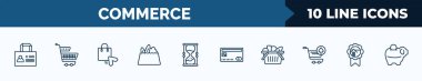 set of 10 commerce web icons in outline style. thin line icons such as bag business card, supermarket basket, black pointer, grocery, hourglass countdown, big credit card, basket full, house badge