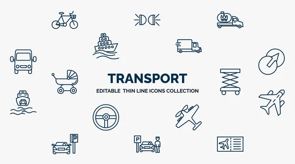concept of transport web icons in outline style. thin line icons such as bikes, gas truck, free transport, transition, lifter, air transport, light aircraft, parking men, plane tickets vector.