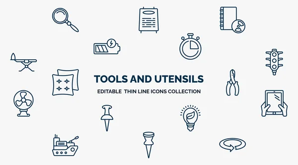 concept of tools and utensils web icons in outline style. thin line icons such as searching tool, book with cd rom, stopwatch, semaphore lights, wire cutter, tablet with hand, eco light bulb,
