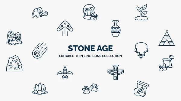 concept of stone age web icons in outline style. thin line icons such as mammoth, plant, pottery, tipi, amulet, dolmen, totem, paw print, dried insect in amber vector.