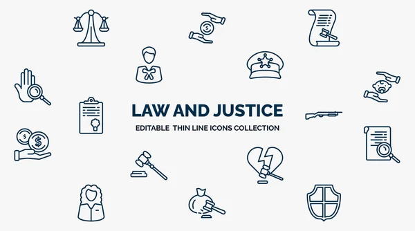 concept of law and justice web icons in outline style. thin line icons such as law balance, law paper, police cap, child custody, shotgun, investigation, divorce, inheritance defense vector.