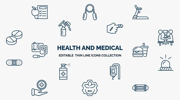 concept of health and medical web icons in outline style. thin line icons such as nutrition, treadmill, injury, optometrist, fast food, emergency, medical drip, bio, medical mask vector.