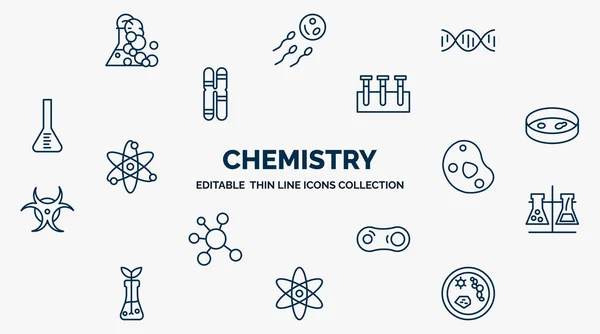 concept of chemistry web icons in outline style. thin line icons such as chemical reaction, genetic, samples, petri dish, cell, experiment, cell division, scientific, microbiology vector.