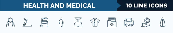 set of 10 health and medical web icons in outline style. thin line icons such as handgrip, treadmill, medical walker, body, abs, patient robe, medical result, health care vector illustration.