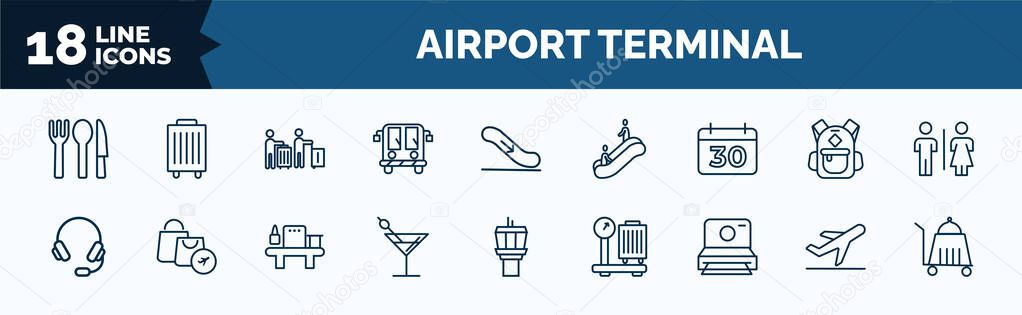 set of airport terminal web icons in outline style. thin line icons such as clutery for lunch, airport bus, calendar day thirty, airport headphones, martini with olive, vintage camera, departures