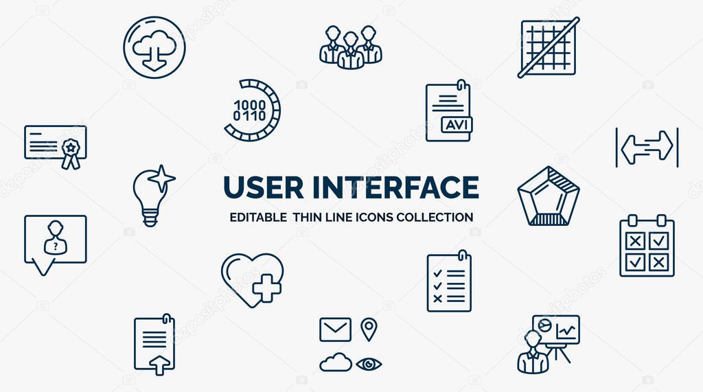 concept of user interface web icons in outline style. thin line icons such as download from the cloud, grid off, avi extension, width, pentagonal chart, comparision table, rule, the  of, person