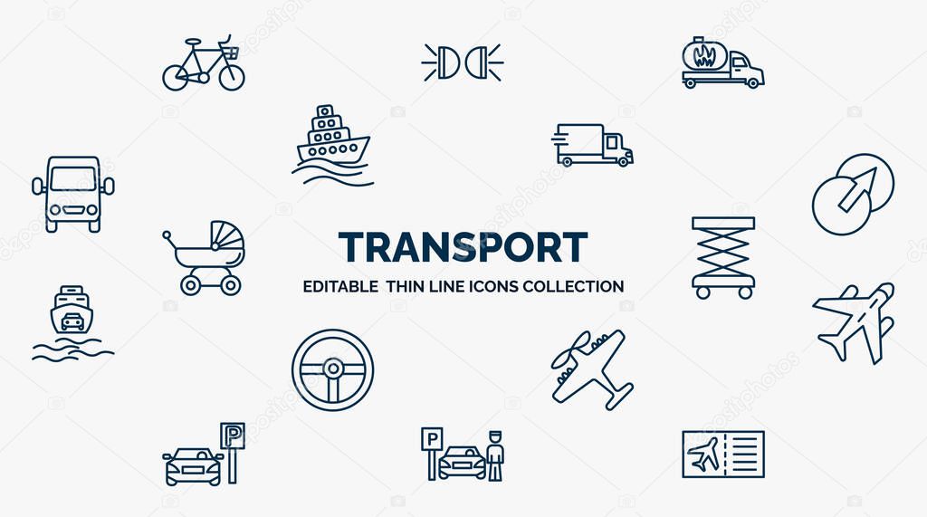 concept of transport web icons in outline style. thin line icons such as bikes, gas truck, free transport, transition, lifter, air transport, light aircraft, parking men, plane tickets vector.