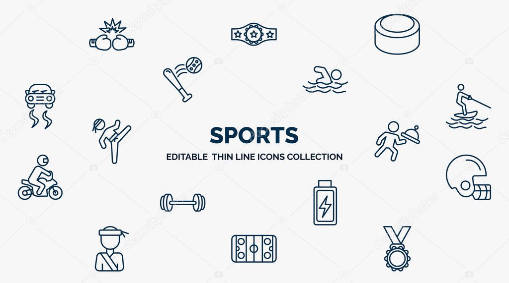 concept of sports web icons in outline style. thin line icons such as two boxing gloves, hockey puck, swimming figure, jet surfing, waiter falling, baseball helmet, batter, hockey arena, golden