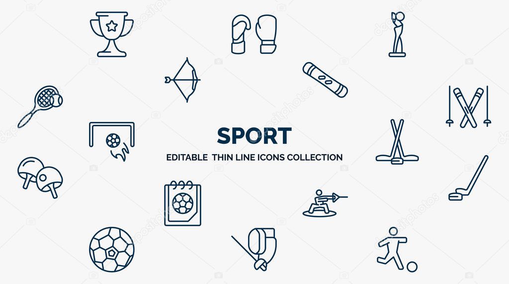 concept of sport web icons in outline style. thin line icons such as trophy, award, snowboard, ski, ice hockey, hockey, wakeboarding, fencing, soccer vector.