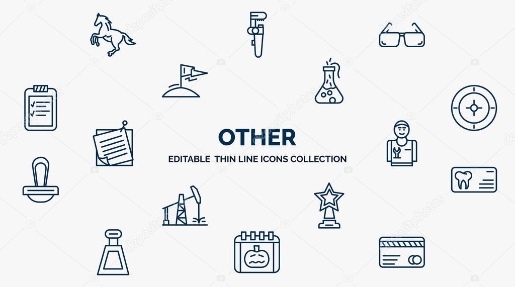 concept of other web icons in outline style. thin line icons such as arab horse, vintage eyeglasses, labaratory, roulette table, plumbering, dentist business card, star prize, pumpkin calendar,