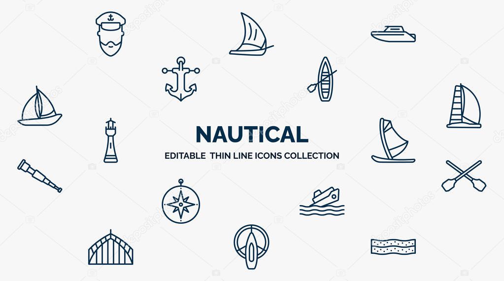 concept of nautical web icons in outline style. thin line icons such as ship admiral, motorboat, skiff, scow, windsurf board, seaworthy, capsizing, port and starboard, salt water vector.