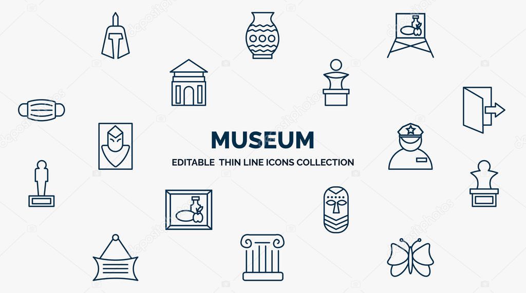 concept of museum web icons in outline style. thin line icons such as roman or greek helmet, museum canvas, sculpture, exit, security guard, bust, african mask, antique column, butterfly vector.