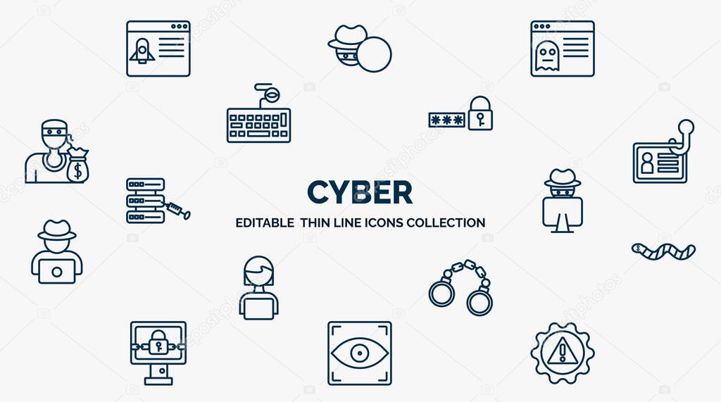 concept of cyber web icons in outline style. thin line icons such as dos attack, rootkit, passwords, identity theft, hacking, worm, crime, biometric recognition, risk vector.