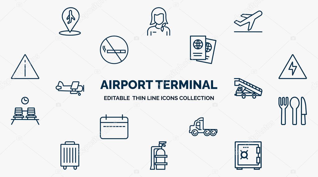 concept of airport terminal web icons in outline style. thin line icons such as airport placeholder, plane landing, two passports, high voltage, gangway truck, clutery for lunch, trailer truck,