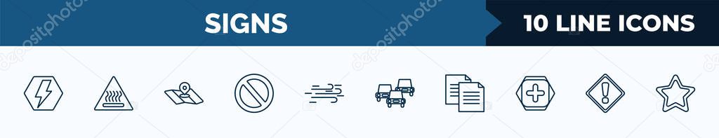 set of 10 signs web icons in outline style. thin line icons such as electric current, heat, maps and location, prohibition circle, wind, traffic, copying, exclamation vector illustration.