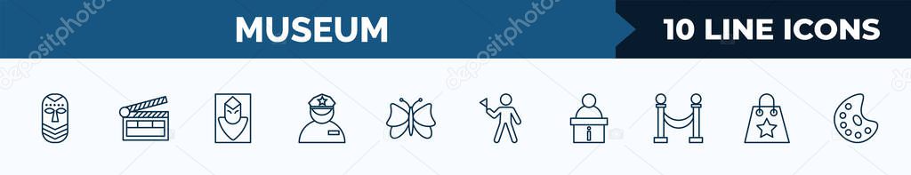 set of 10 museum web icons in outline style. thin line icons such as african mask, cinema, el greco, security guard, butterfly, excursion, information desk, souvenir vector illustration.