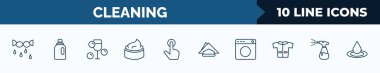 set of 10 cleaning web icons in outline style. thin line icons such as squeeze, softener, glass cleaning, cream, tap, serviette, laundry, cleaning spray vector illustration.
