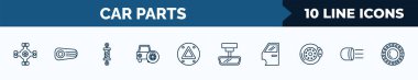 set of 10 car parts web icons in outline style. thin line icons such as car universal joint, car reversing light, coil, spare wheel, hazard lights, rear-view mirror, door, headlight vector