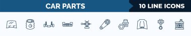 set of 10 car parts web icons in outline style. thin line icons such as car windscreen, car petrol tank, anti-roll bar, bumper, jack, camshaft, wheel nut, cylinder vector illustration.
