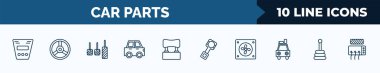 set of 10 car parts web icons in outline style. thin line icons such as car fascia (british), car horn, accelerator, hard top, headrest, piston, fan, transmission vector illustration.