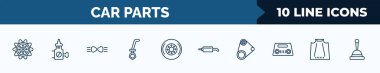 set of 10 car parts web icons in outline style. thin line icons such as car sprocket, car choke, parking light, dipstick, hubcap, silencer, fan belt, bonnet vector illustration.