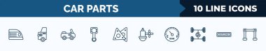 set of 10 car parts web icons in outline style. thin line icons such as car brake light, car petrol cap, soft top, connecting rod, gasket, sump, fuel gauge, numberplate vector illustration.