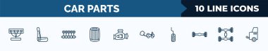 set of 10 car parts web icons in outline style. thin line icons such as car manifold, car bucket seat, crankshaft, oil filter, engine, tailpipe, pedal, chassis vector illustration.