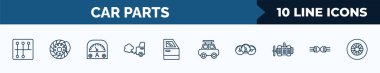 set of 10 car parts web icons in outline style. thin line icons such as car gearbox, car disc brake, ammeter, exhaust, trim, roof, dashboard, indicator vector illustration.